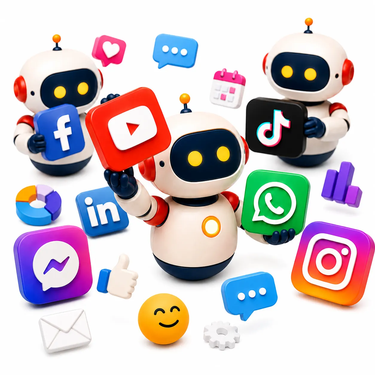 Robots con iconos de redes sociales y herramientas de comunicación digital